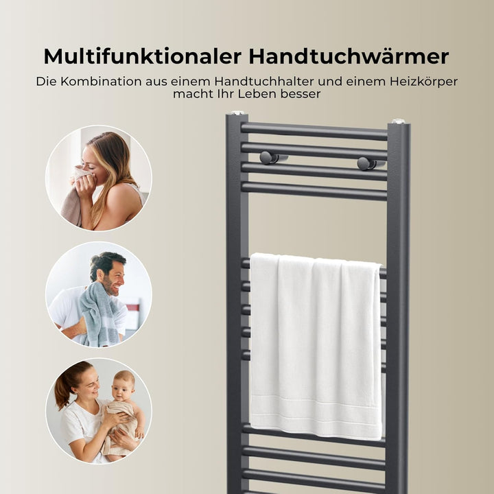 Heilmetz Badheizkörper Elektrisch mit Heizstab 600W Leistung 1400 x 600 mm Anthrazit Gerade Bad Heiz
