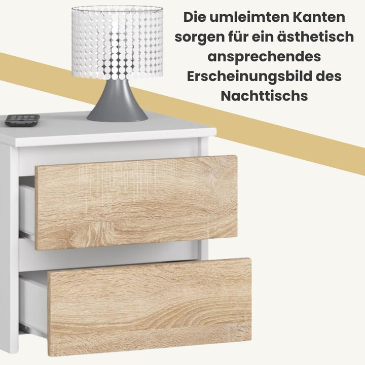 AKORD Nachttisch in minimalistischer Optik, mit 2 Schubladen, B40 x H40 x T35 cm Weiss / Sonoma-eich
