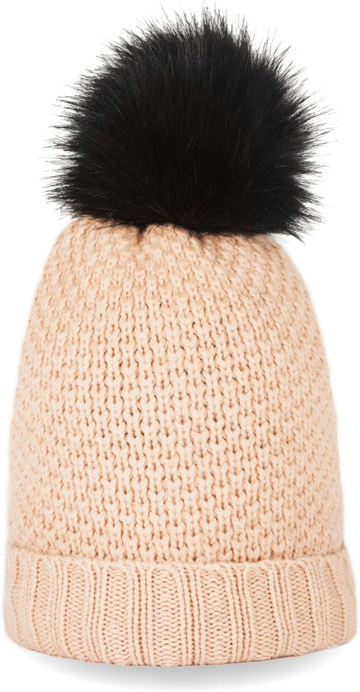 CASH-MERE.CH 100% Kaschmir Mütze | Strickmütze mit Pompon für Damen und Jugendliche Einheitsgrösse C