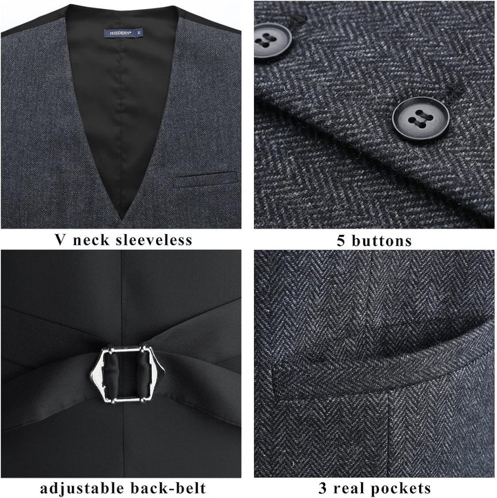 HISDERN Herren Anzugweste Herringbone Weste Hochzeit Herrenweste Formale Tweed Wollweste Classic Bas