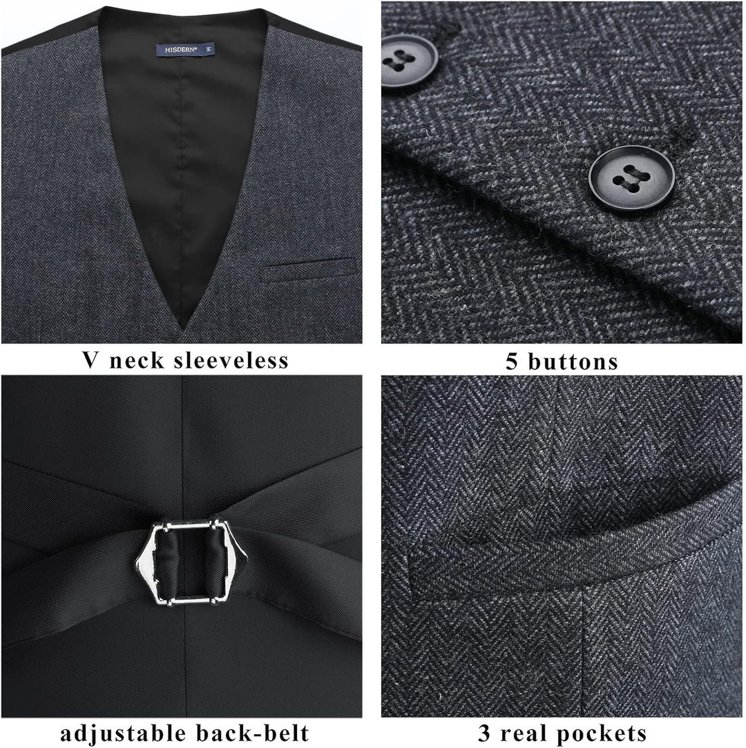 HISDERN Herren Anzugweste Herringbone Weste Hochzeit Herrenweste Formale Tweed Wollweste Classic Bas