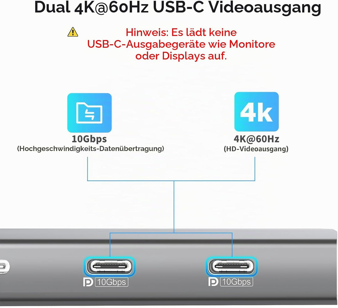 USB-C-Hub mit Dual 4K@60Hz DisplayPorts, 2× USB-A & 2× USB-C 3.2 (10Gbps), Gigabit-Ethernet, 100W PD