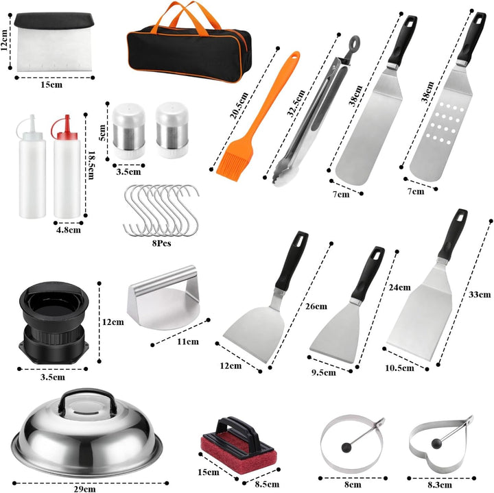 27 Pcs Grill Zubehör, Grillspachtel Plancha Zubehör, Grillbestec Set, Burgerpresse mit Griff, Teppan