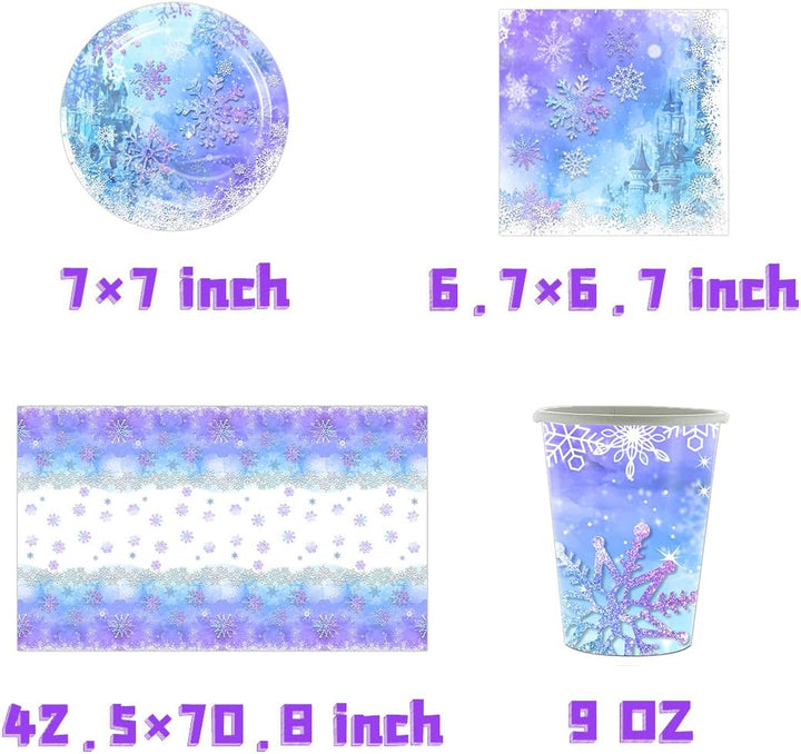 61 Stück Frozen Party Geschirr, Blau und Lila Schneeflocke Geschirr Set, 20 Servietten 20 Pappbecher
