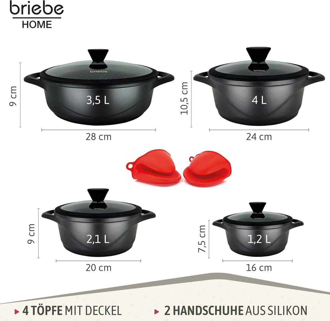 briebe Topfset Induktion 8-Teilig, Kochtopf Set 4 Töpfen aus Aluminiumguss, Antihaftbeschichtung ILA