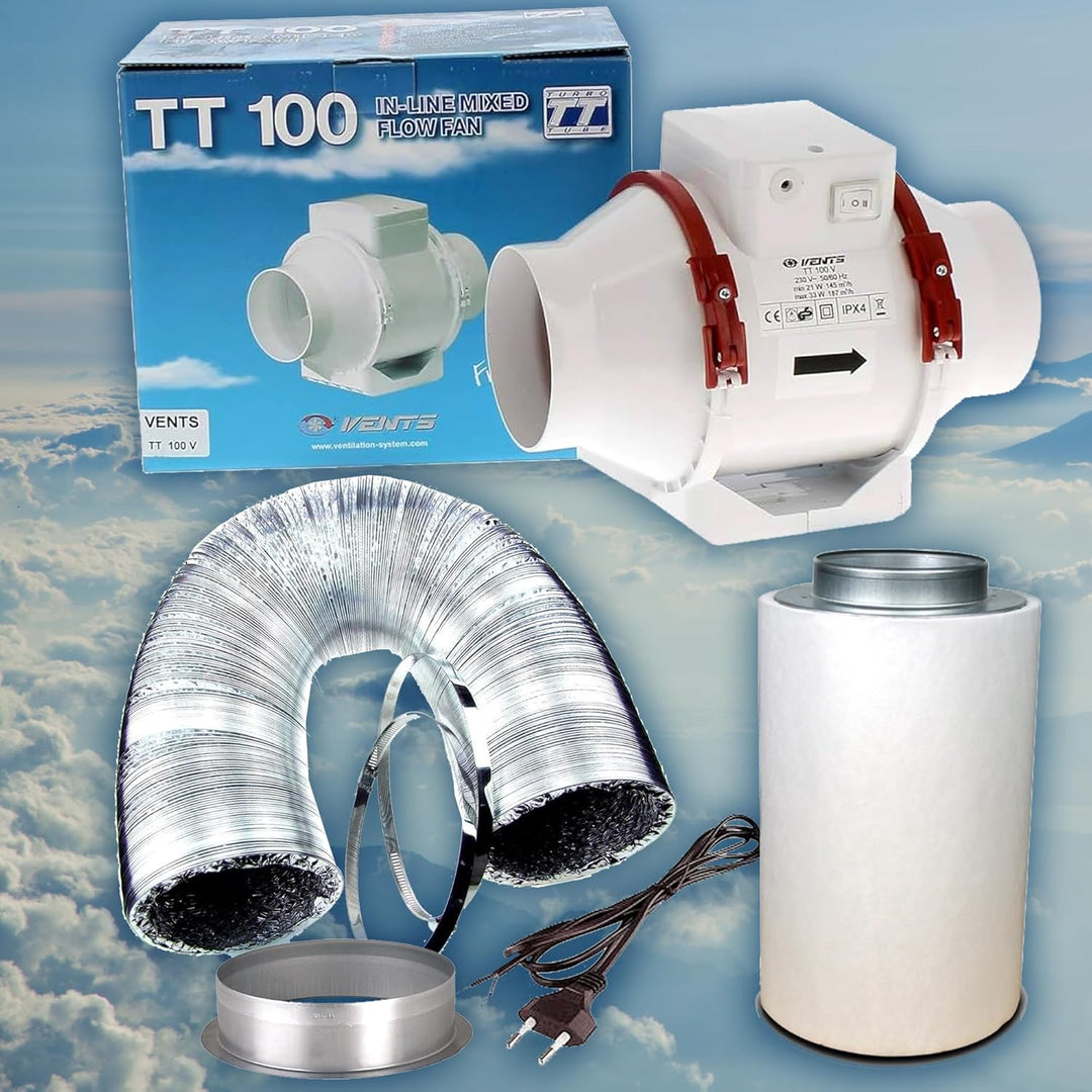 Belüftungsset 100 mm 125 mm 150 mm für Wachstumskammer mit Abluftventilator und Aktivkohlefilter 100