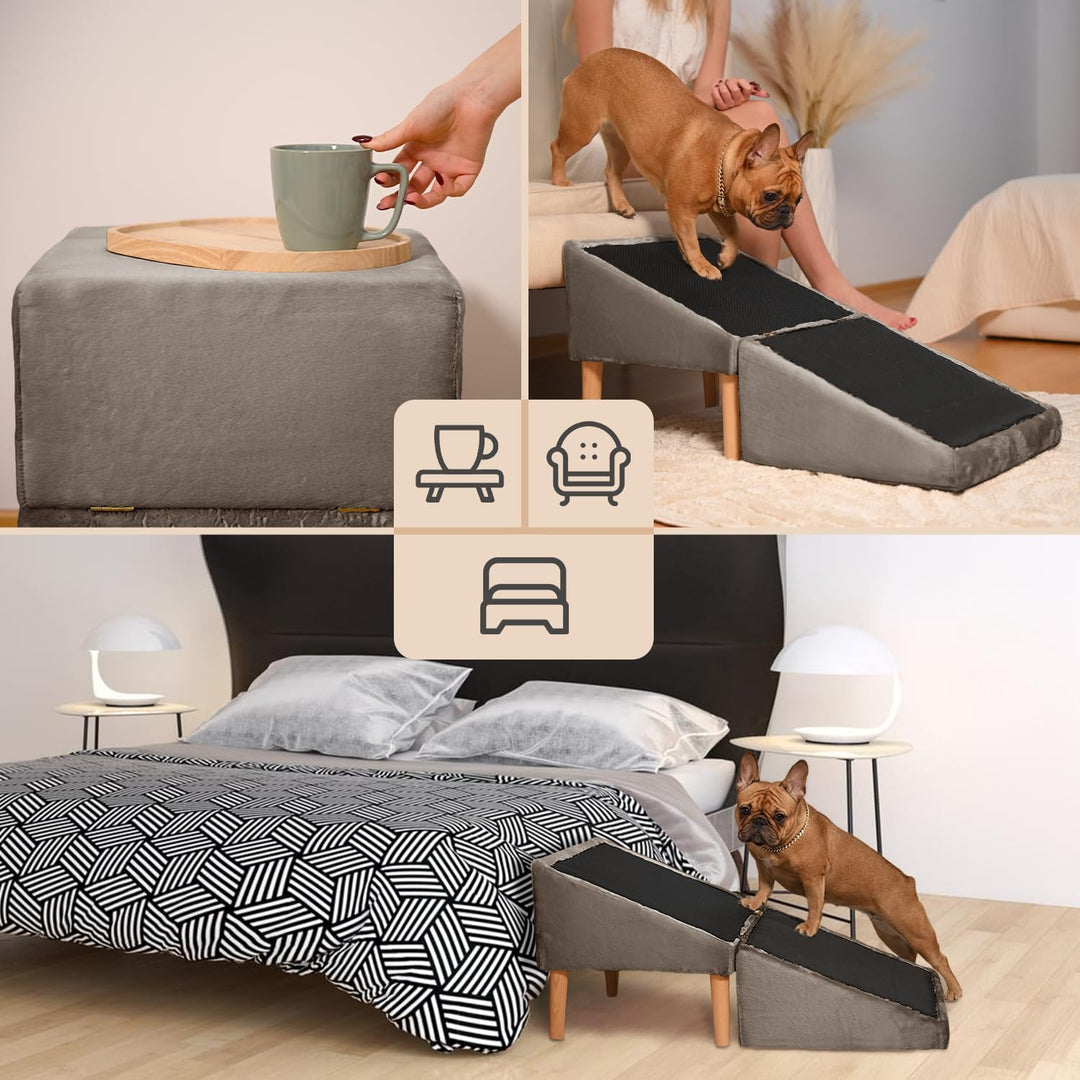 VELORA H&amp;L Hunderampe Hellbraun - 2in1 Hundetreppe und Sitzhocker, Klappbare Einstiegshilfe für Sofa