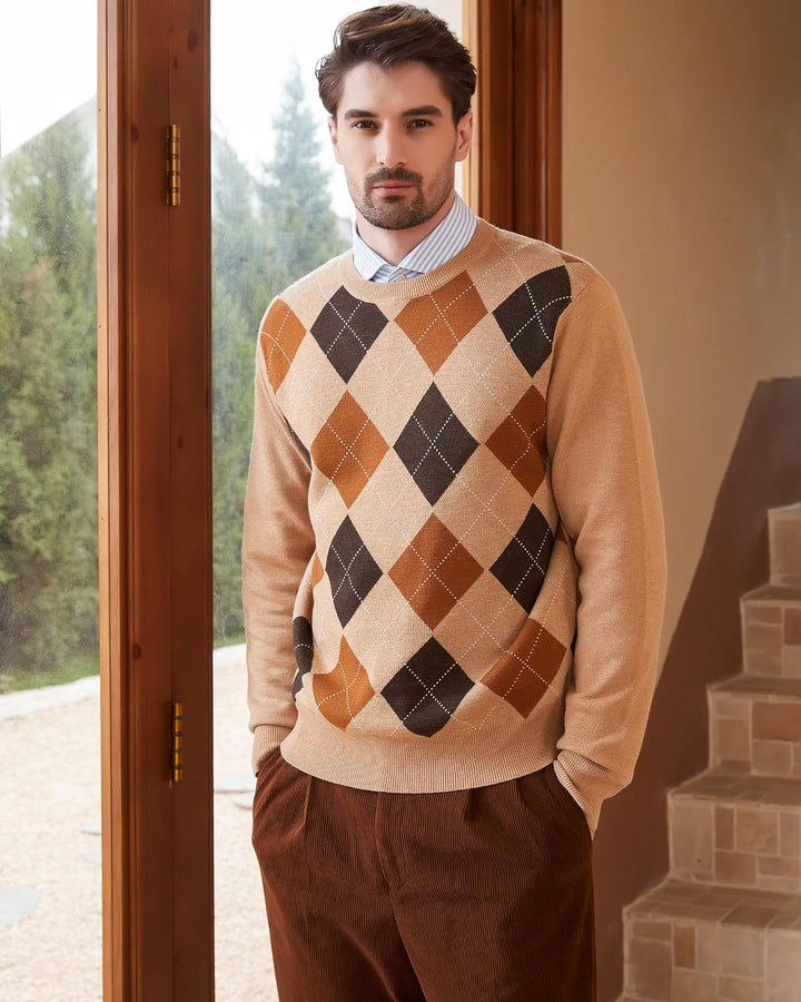 Kallspin Herren Wollmischung Strickpullover Argyle Rundhalsausschnitt Pullover Sweater 3XL Tall Khak