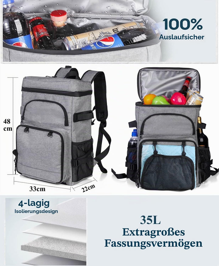 DEWUR Kühlrücksack 35L Thermo Rücksack Kühltasche Wasserdichter Picknickrücksack mit Flaschenöffner