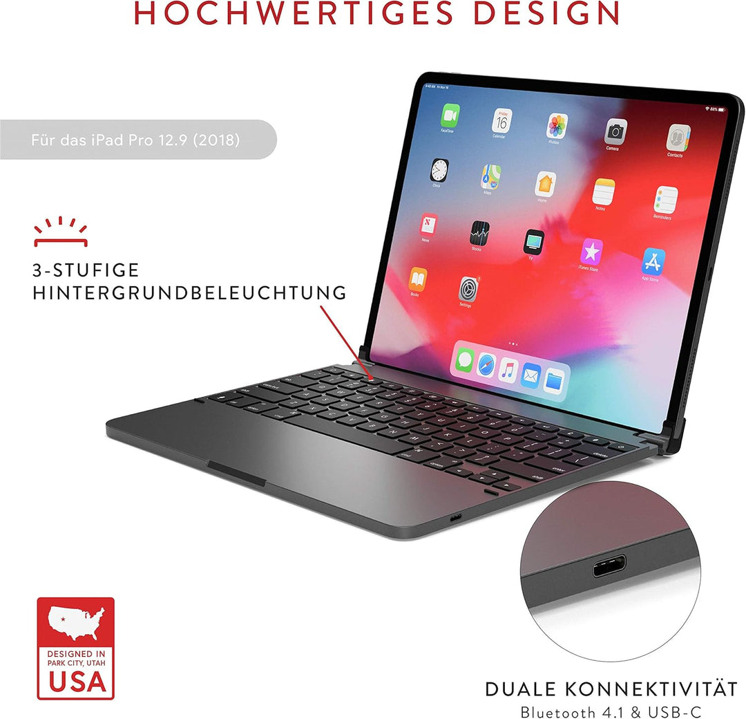 BRYDGE 12.9 Pro, Hochwertige Bluetooth Tastatur aus Aluminium, deutsches Layout QWERTZ, für das iPad