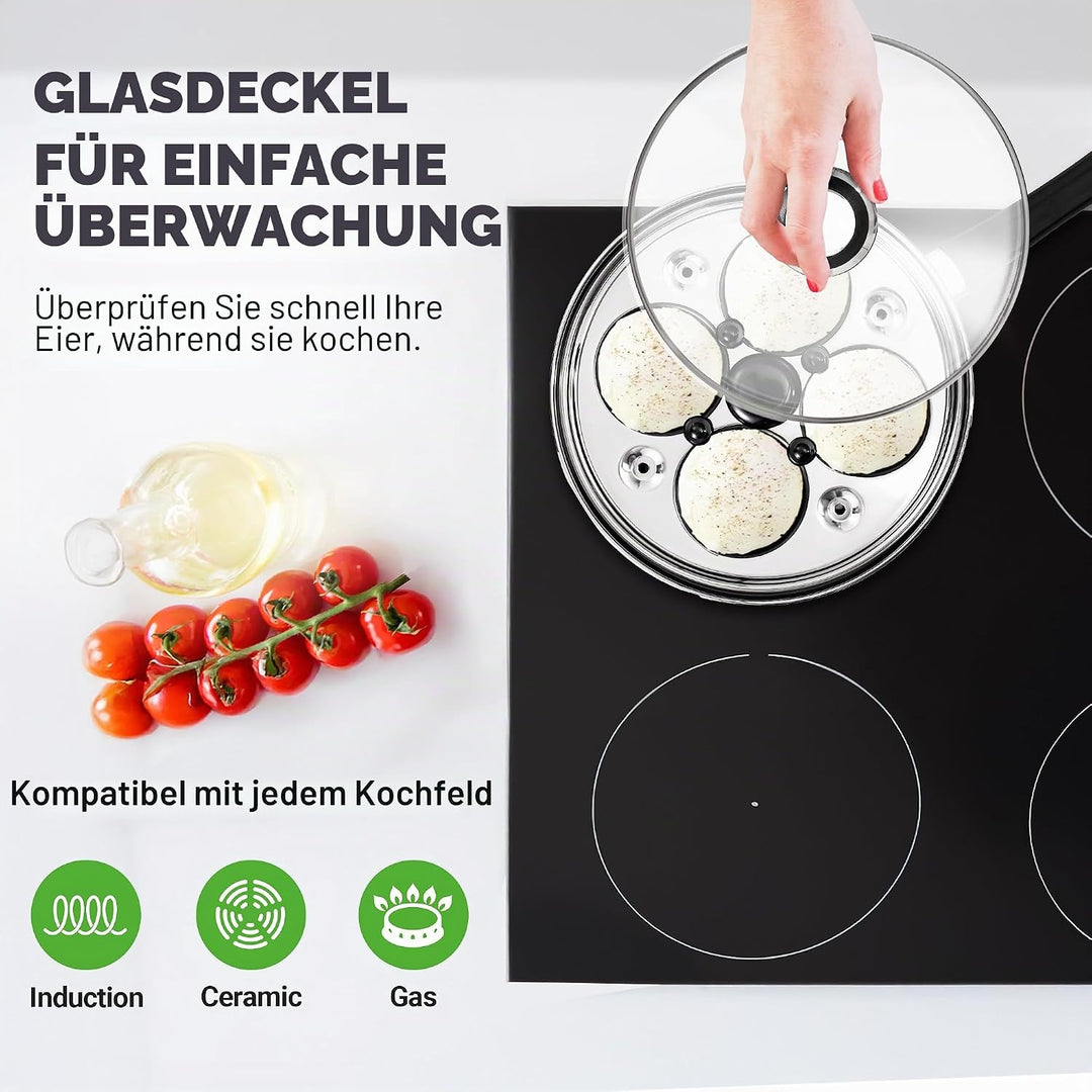 NutriChef Eier Pochierer Edelstahl 20 cm– Eierkocher Für 4 Eier, Pochierte Eier Form, Induktionsgeei