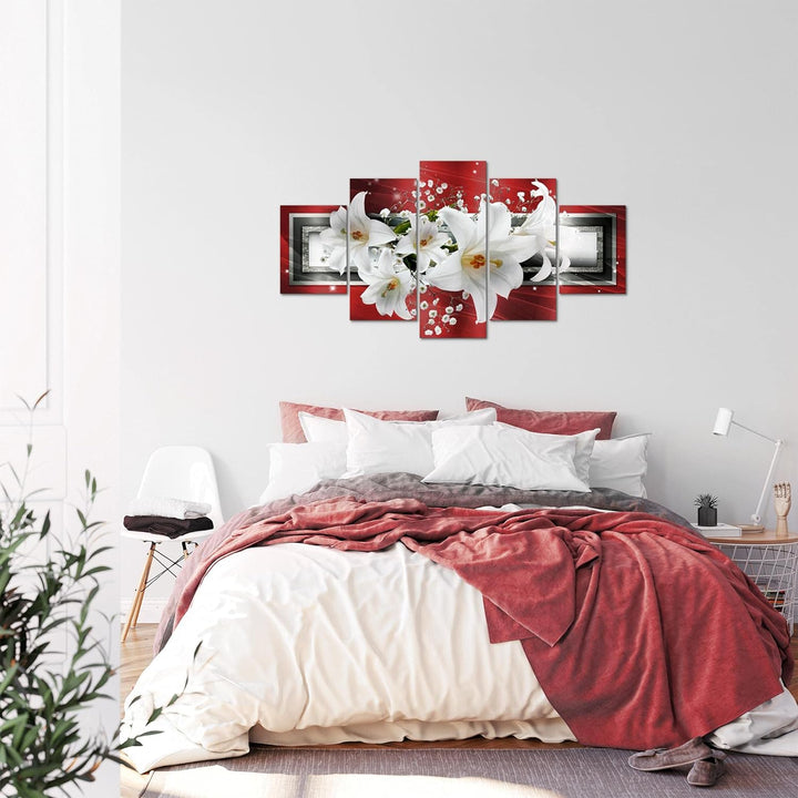 Runa Art Bild Wohnzimmer Schlafzimmer Blumen Lilien 5 Teilig Abstrakt Rot Grau Wandbilder auf Vlies