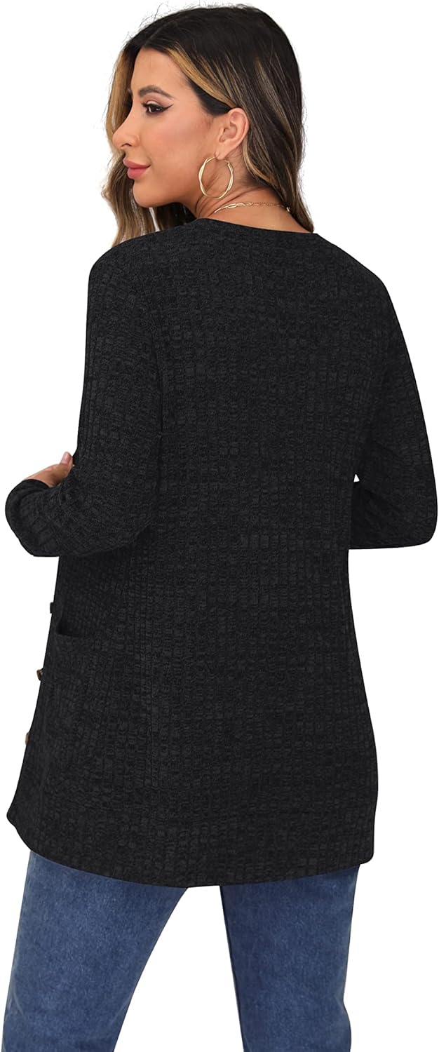 GRECERELLE Damen Leichte Strickjacke Lang mit Taschen und Knöpfen Long Elegant Cardigan V-Ausschnitt
