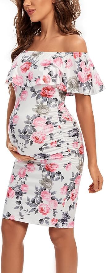 Shen&Qege Umstandskleid Lässig mit Schulterfreiheit, Rüschen, ärmellos, Bodycon, Umstandsmode Sommer