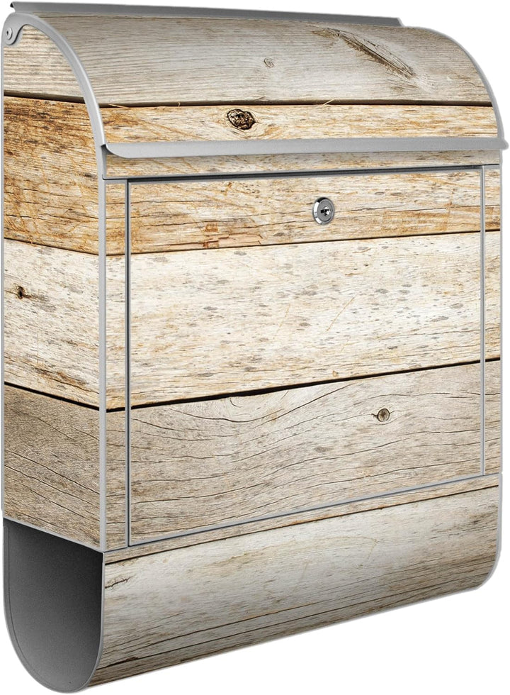 banjado® Design Briefkasten mit Motiv Graues Holz 39x47x14cm &amp; 2 Schlüssel - Briefkasten Stahl Silbe