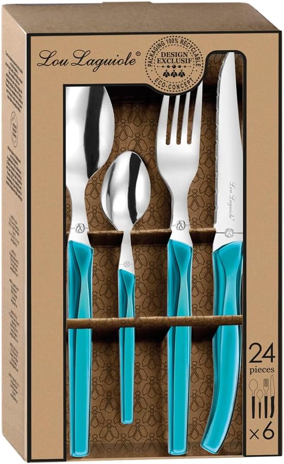 Lou Laguiole RISING SUN Besteck Set 6 Personen | 24-teilig | Türkis glänzend | Essbesteck 6 Personen