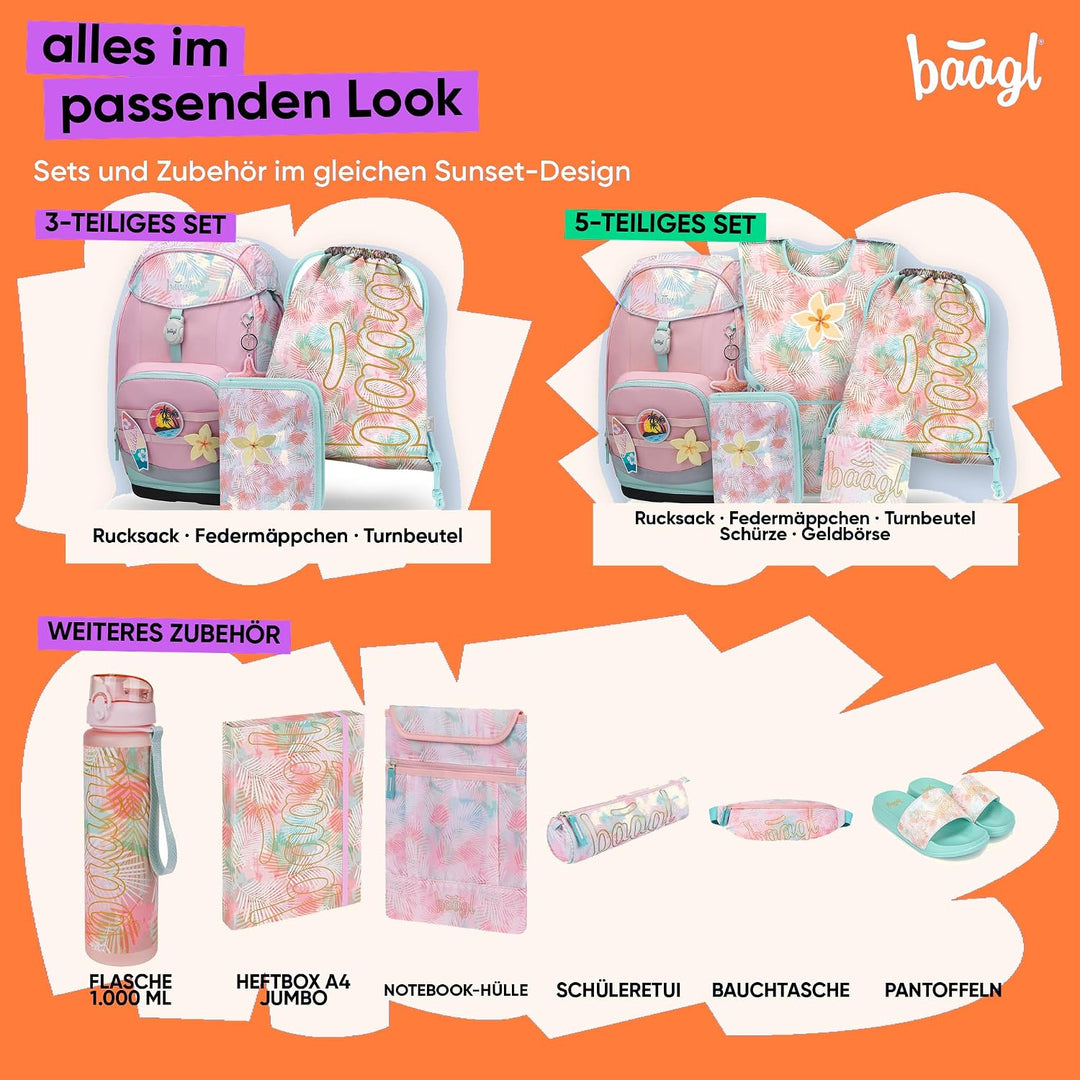 Baagl Airy Plus Schulranzen-Set 5-teilig, 25 l, ab 130 cm (Sunset) | Isoliertes Snackfach; Magnetver