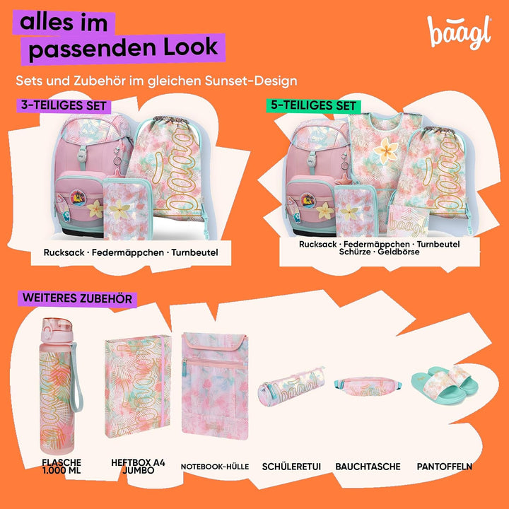 Baagl Airy Plus Schulranzen-Set 5-teilig, 25 l, ab 130 cm (Sunset) | Isoliertes Snackfach; Magnetver