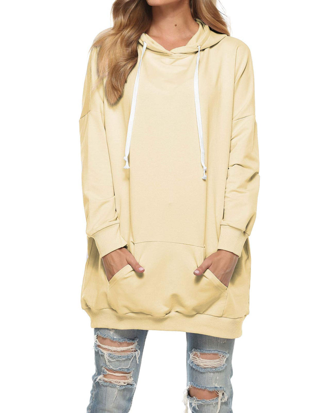 Famulily Damen Oversized Hoodie Kleid Baumwolle Lang Sweatshirt mit Kapuze Einfarbige Kapuzenpullove