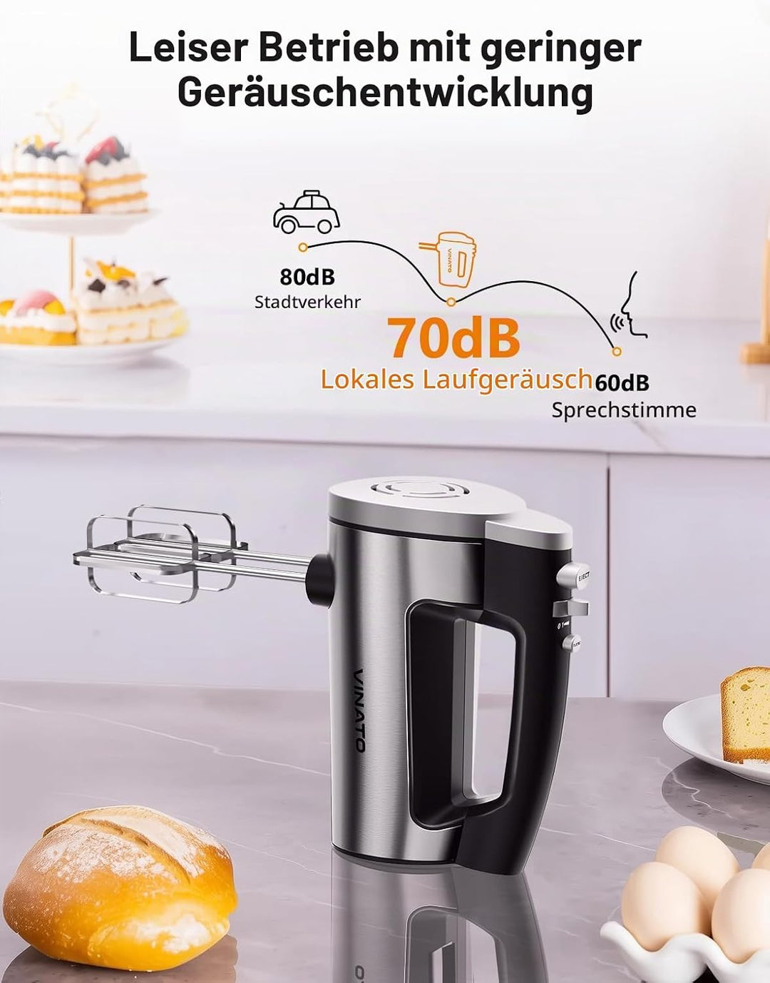 VINATO Elektrischer Handmixer, 300 Watt Handrührgerät mit 5 Geschwindigkeitsstufen, Handrührer mit 2