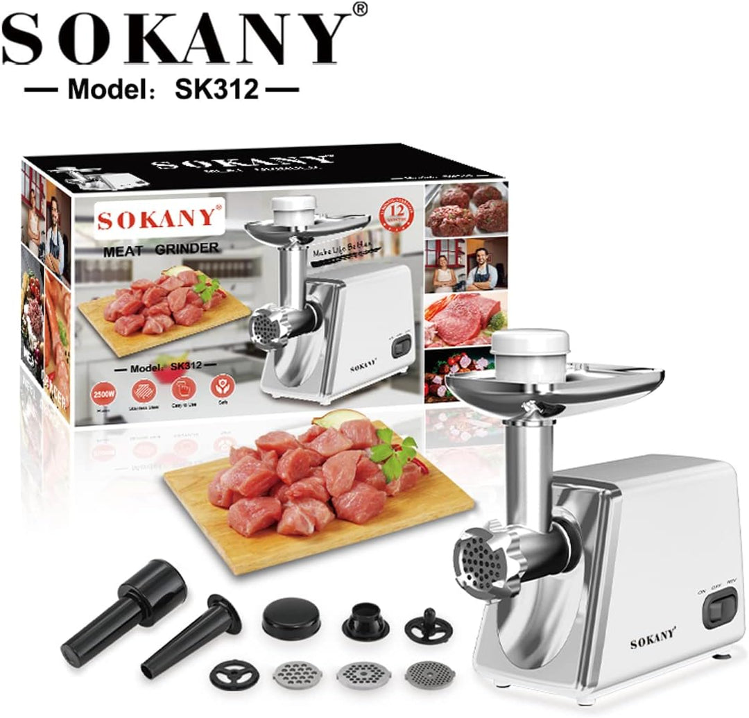 SOKANY SK-312 Fleischwolf Elektrisch Fleischmaschine 2500W, 3-IN-1 Multi Küchenmaschine Wurstfüller