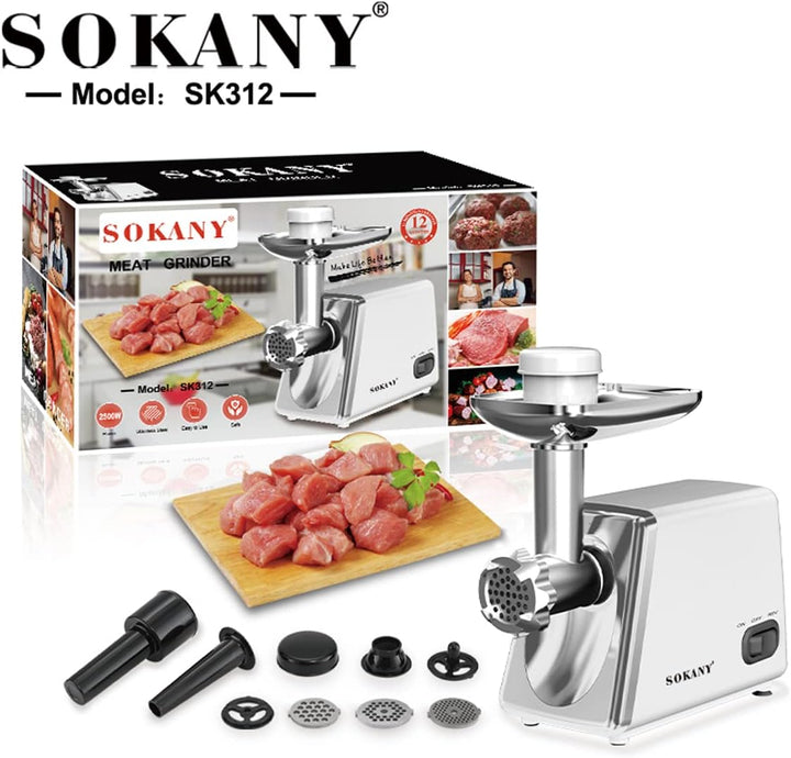 SOKANY SK-312 Fleischwolf Elektrisch Fleischmaschine 2500W, 3-IN-1 Multi Küchenmaschine Wurstfüller