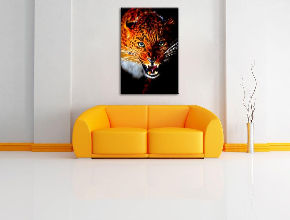 Dark Fauchender Leopard Deluxe Format: 100x70 cm auf Leinwand, XXL riesige Bilder fertig gerahmt mit