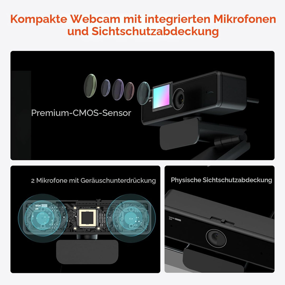 Nuroum V11 Webcam mit Mikrofon für PC, Full HD 1080P/60fps, 1440P/30fps, Rauschunterdrückung/90°Weit