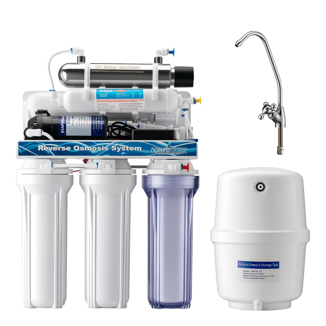 Naturewater 6 Stufen Umkehrosmose RO 180 L/Tag mit UV Klärer und Druckerhöhungspumpe