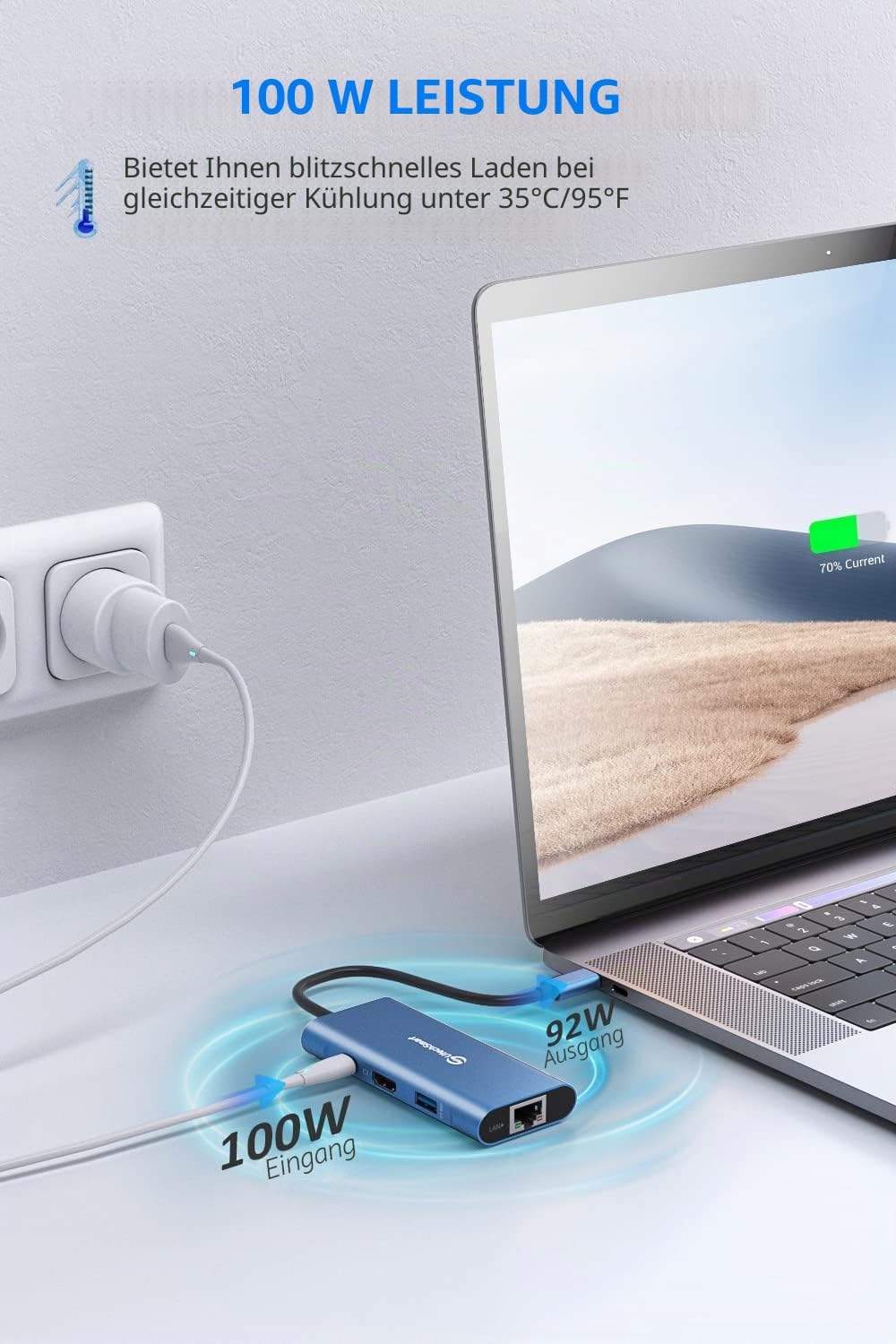 USB C Hub, UtechSmart 6 in 1 USB C zu HDMI Adapter mit 1000M Ethernet, PD 100W Ladeanschluss, 3 USB