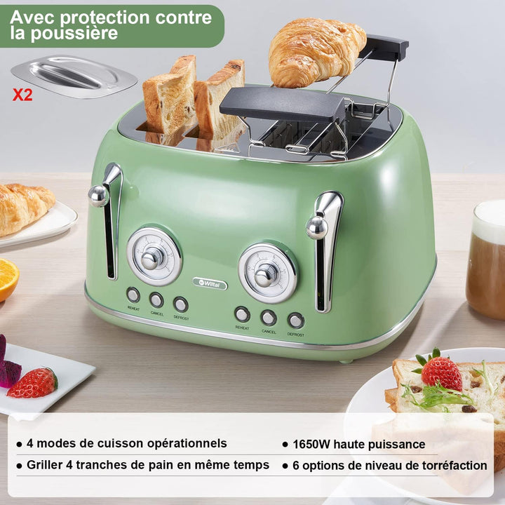 Wiltal Toaster 4 Scheiben, Toaster Langschlitz, Edelstahl Gehäuse, mit Integrierten Brötchenaufsatz,