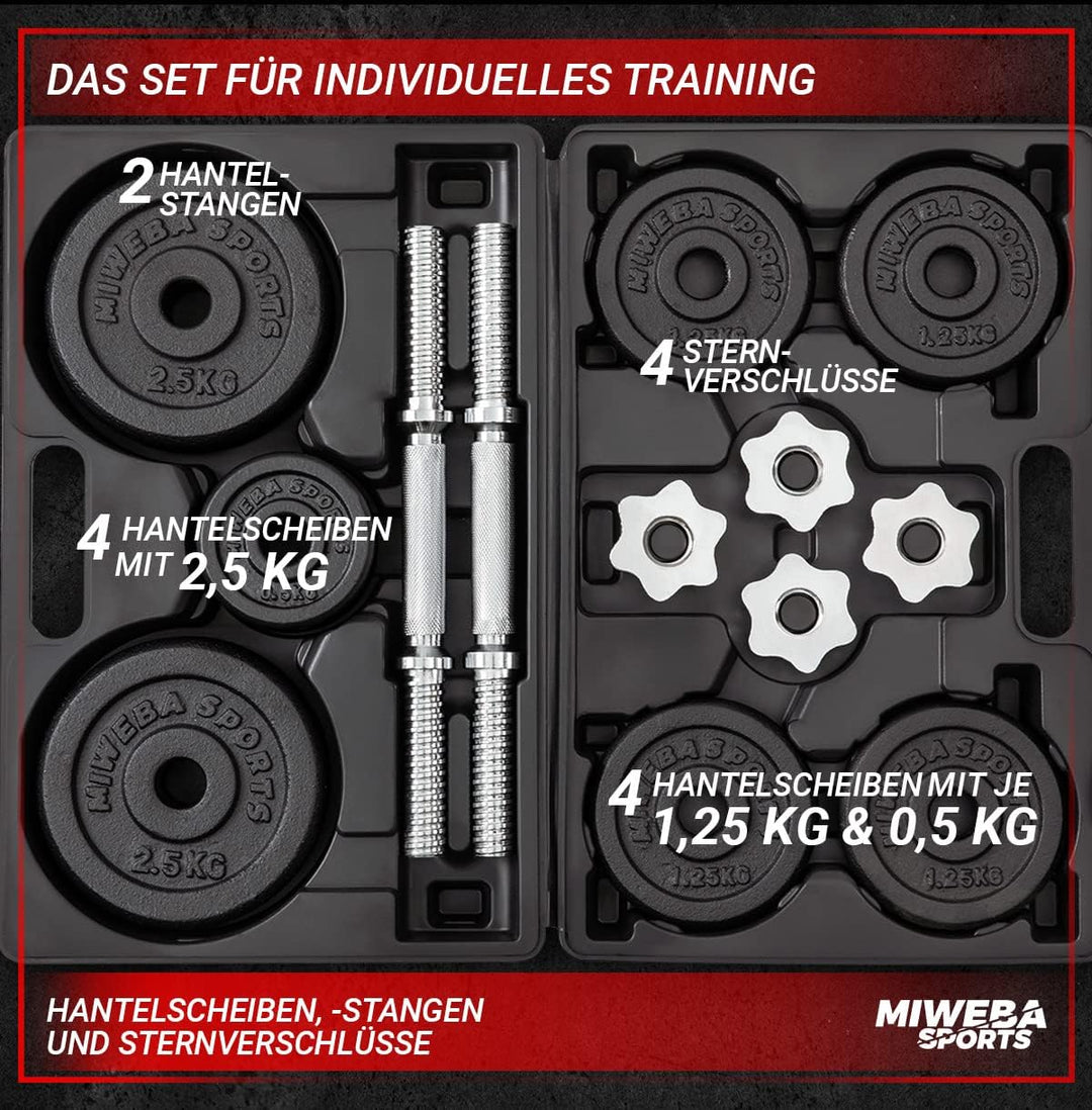 Miweba Sports Hantelset MKH120 | 20kg - 𝐏𝐫𝐨𝐟𝐢 Hanteln mit Koffer - Frauen und Männer - Hantel Set -