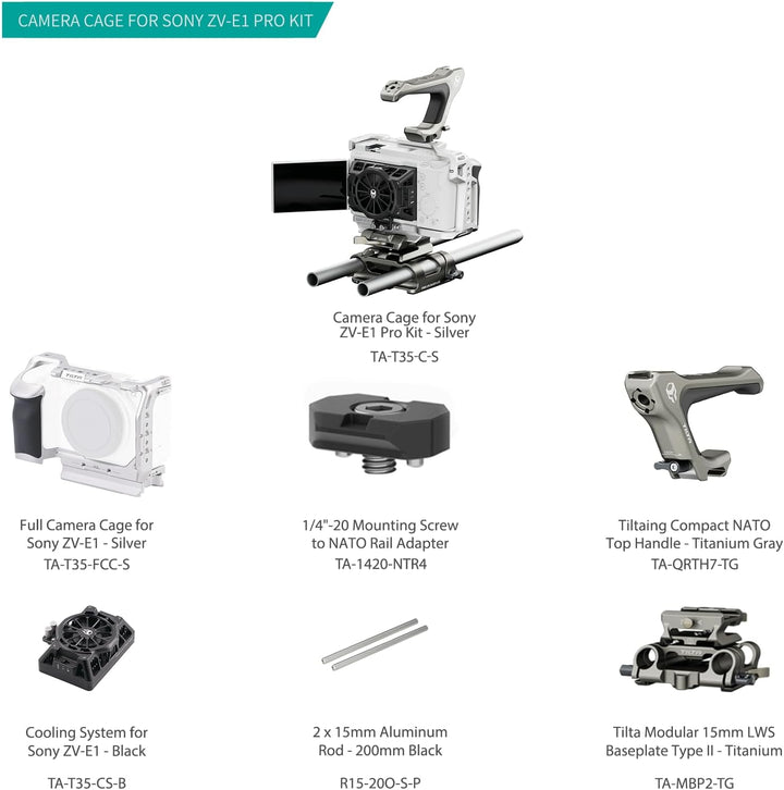 Tilta ZV-E1 Cage, Kompletter Kamerakäfig Kompatibel mit Sony ZV-E1 Pro Kit mit NATO-Schiene, Kühlsys