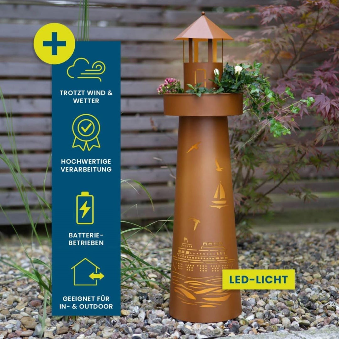 Hoberg LED Pflanzsäule im Leuchtturm Design und maritimer Stanzung in Rost-Optik | In- und Outdoor g