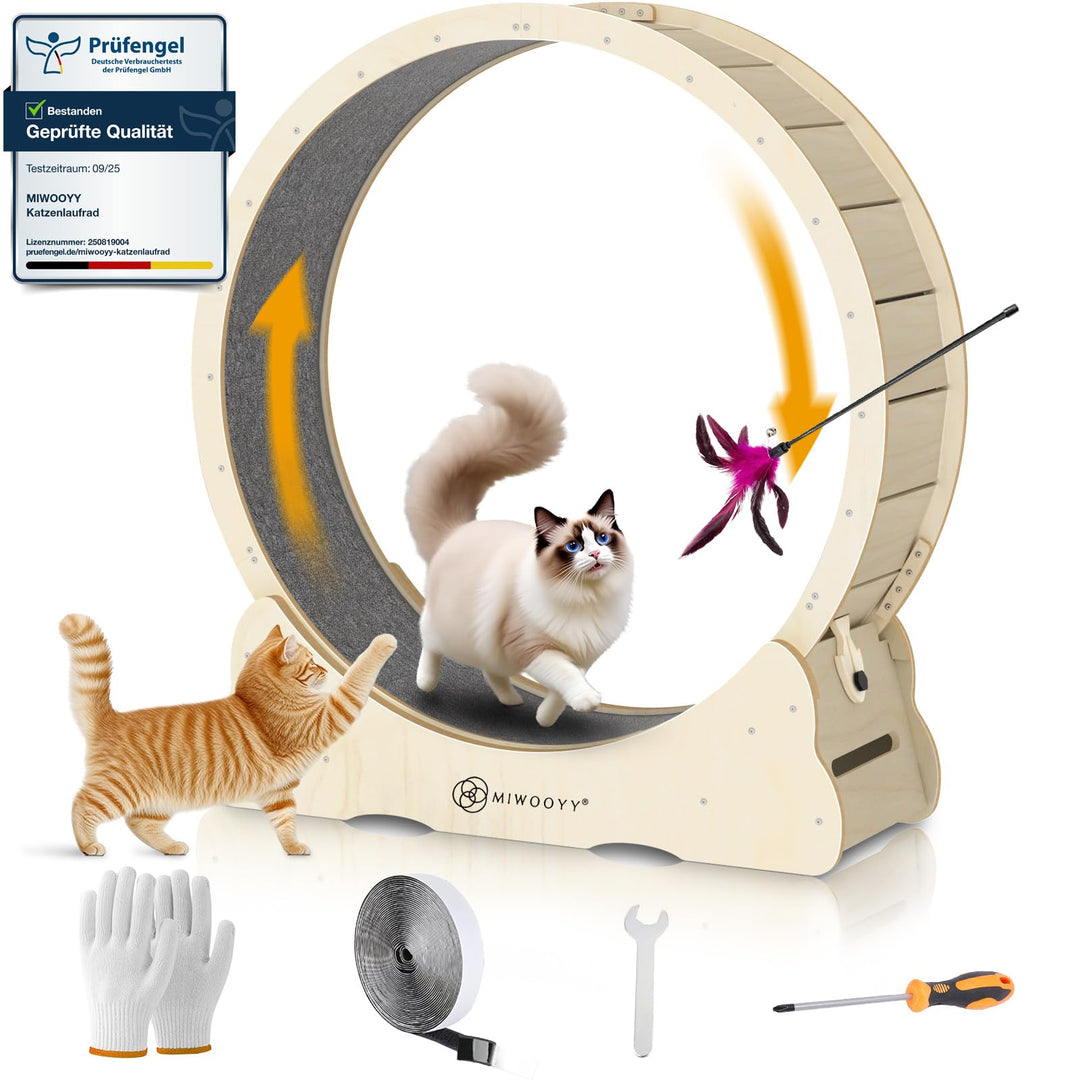 MIWOOYY Grosses Katzen-Laufrad 101,6 cm – natürliches Massivholz, Sicherheits-Laufband mit Schloss u