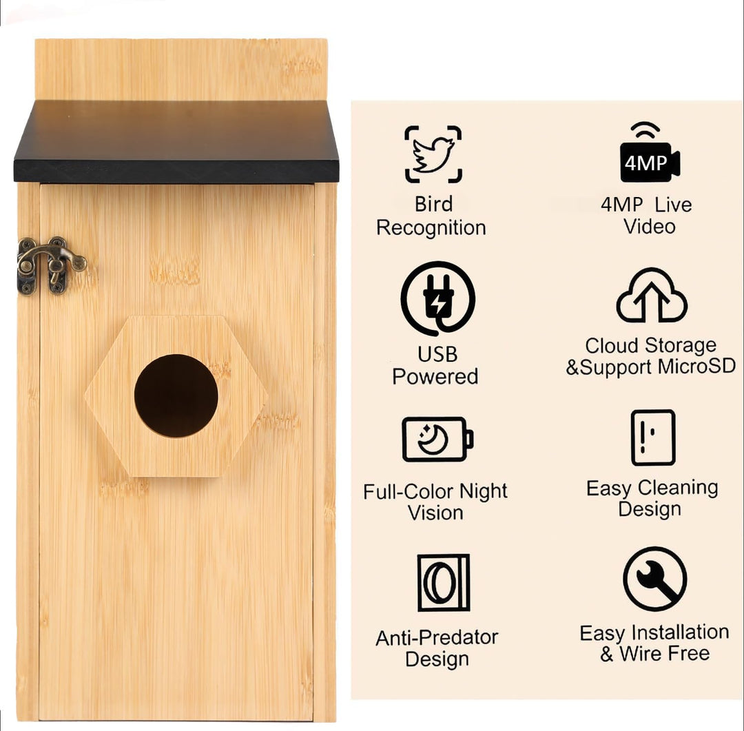 Vogelhaus mit Kamera, 4MP HD Nistkasten mit Kamera wetterfest, 2,4G WiFi & App Benachrichtigung, Beo