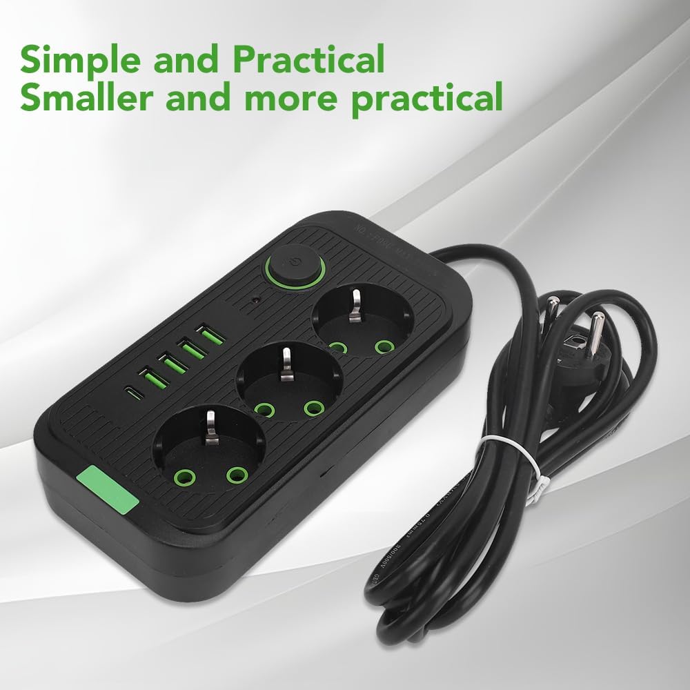 Überspannungsschutz, Europäische 10-A-2500-W-Steckdosenleiste mit 3 Steckdosen, 4 USB- und 1 Typ-C-A