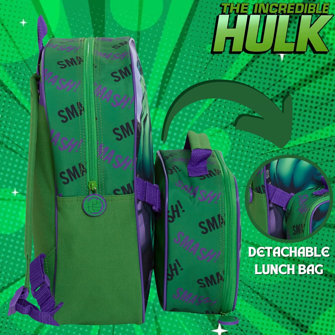 The Hulk Rucksack mit Lunchtasche für Kinder, Marvel Schultasche, 2-teilig, passendes isoliertes Lun