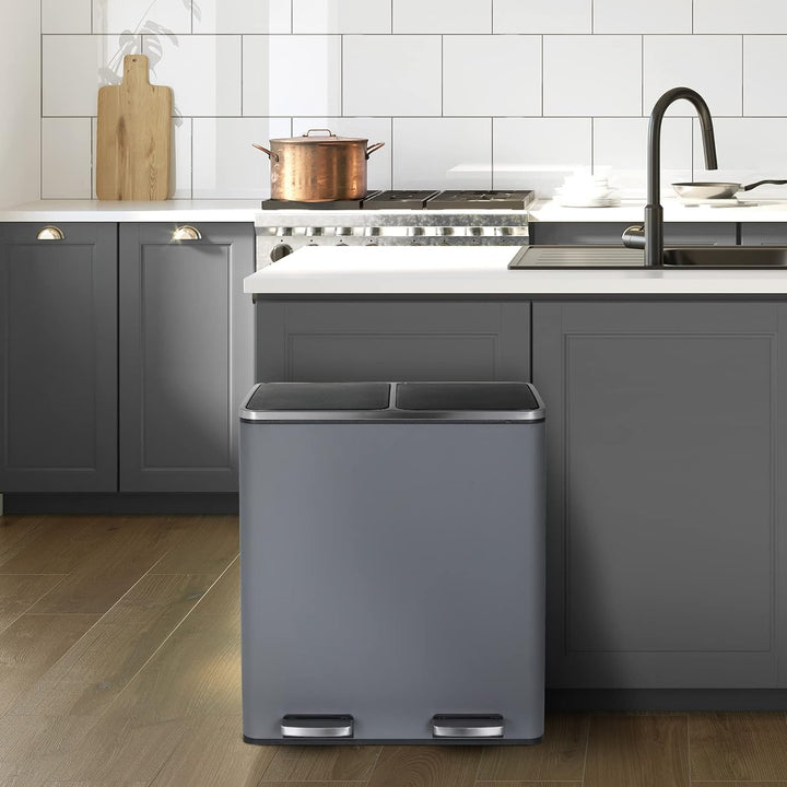 LIFERUN Mülleimer 2 Fächer, Abfalleimer Küche 60L (2x 30 Liter), aus Metall, mit Softclose Deckel, 2