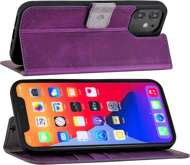 Suncase Book-Style Hülle kompatibel mit iPhone 12 (6.1") Leder Tasche (Slim-Fit) Lederhülle Handytas