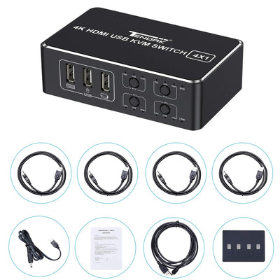 Tendak 4x1 HDMI KVM Switch, 4K@60Hz HDMI 2.0 HDCP 2.2 Computer KVM Umschalter Unterstützt USB 2.0 Ge