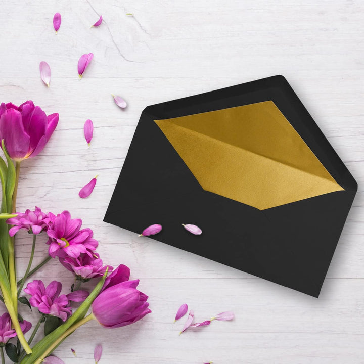 75 Brief-Umschläge DIN Lang - Schwarz mit Gold-Metallic Innen-Futter - 110 x 220 mm - Nassklebung -
