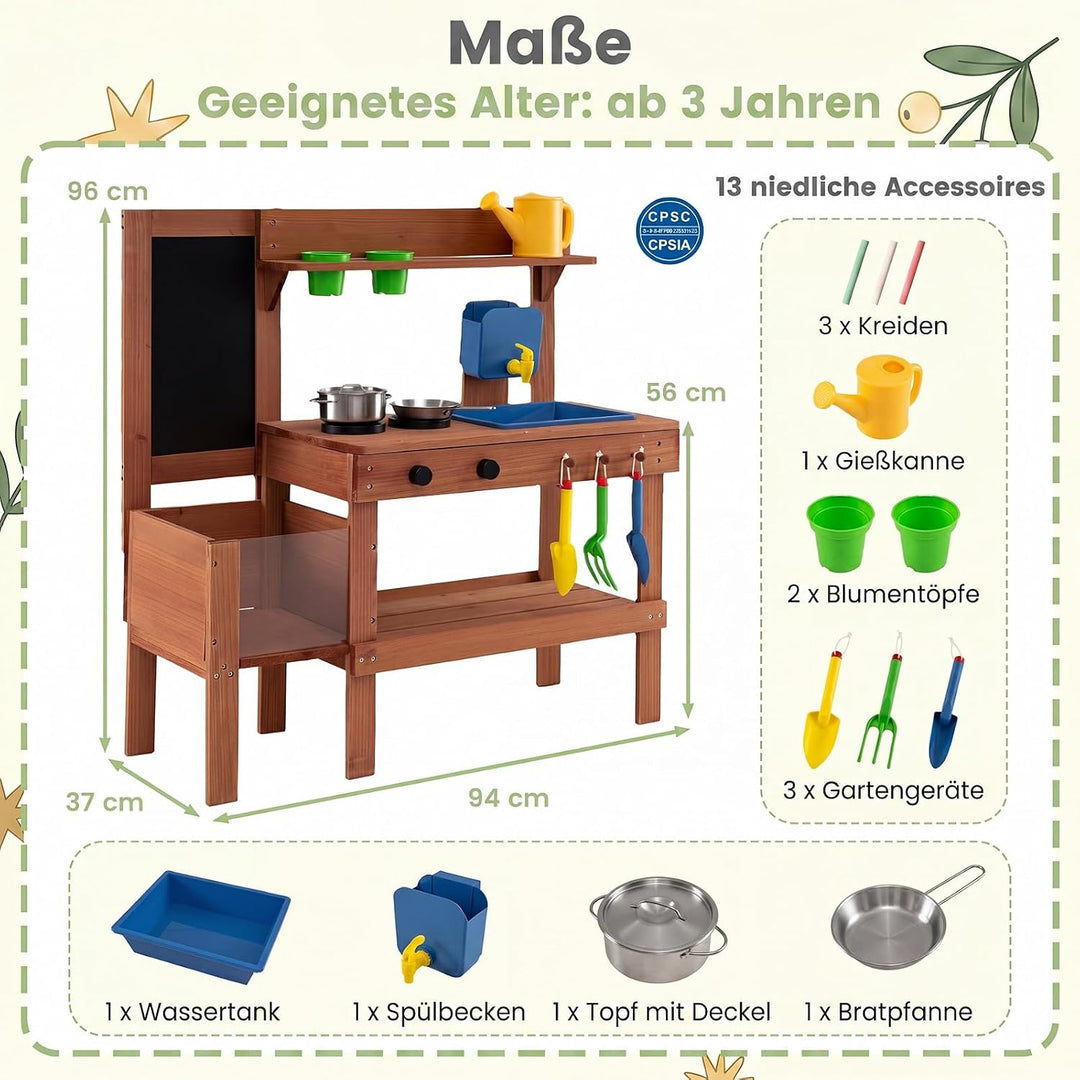 COSTWAY Matschküche Kinder Outdoor, Spielküche mit Wassertank &amp; Wasserhahn | Kinderküche mit Spüle,