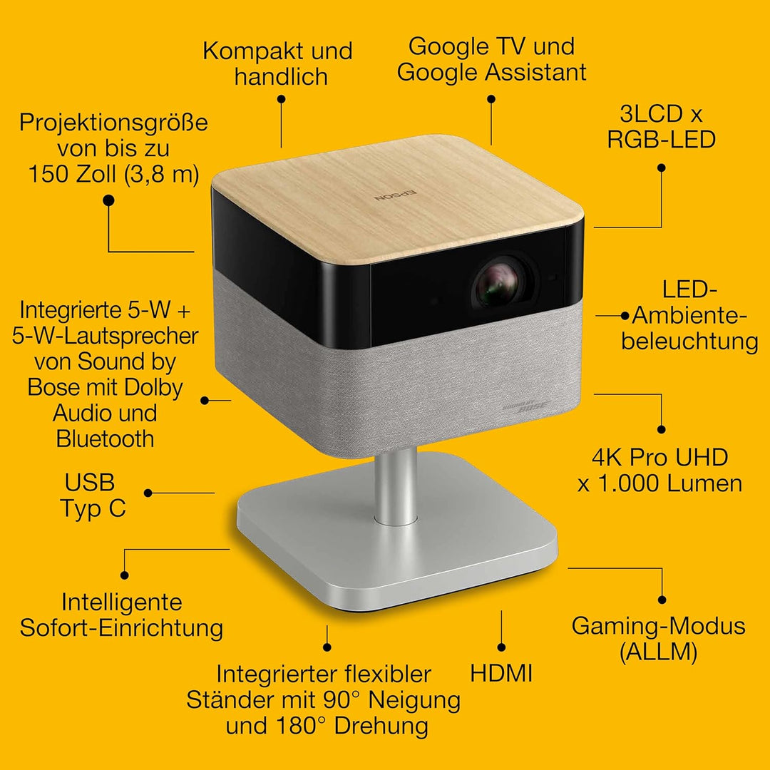 Epson Lifestudio Flex EF-72 Eiche, tragbarer Smart-Projektor, Sound by Bose, Google TV, 4k Pro-UHD,