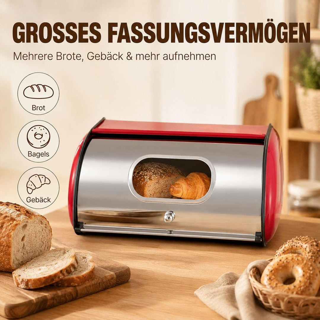 Brotkasten Metall Brotbox mit Sichtfenster Brot Aufbewahrungsbox 35.5x23x14.5 cm Rollbrotkasten Brot