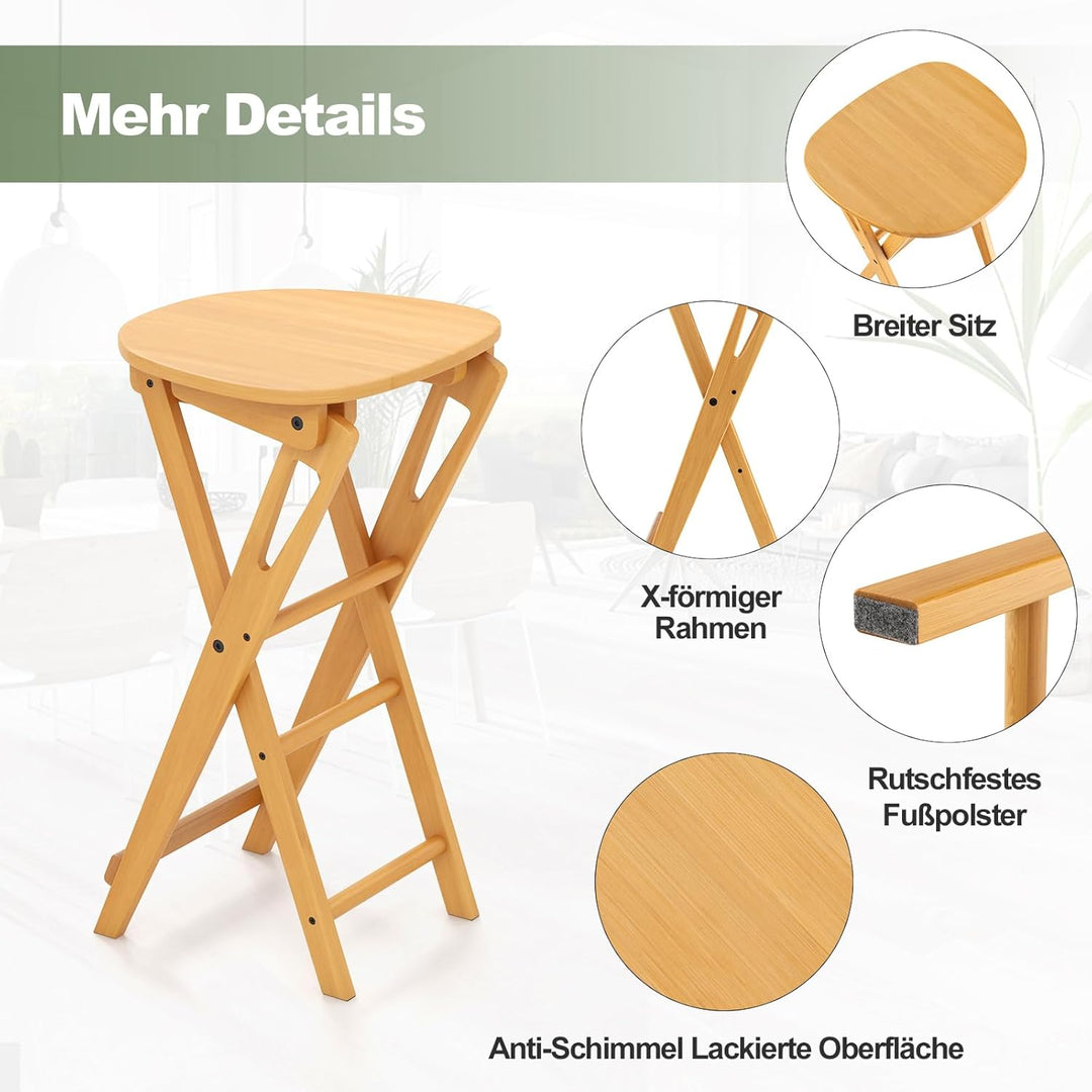 COSTWAY 2er Set Barhocker Klappbar, Barstuhl Bambus mit Fussstütze, Küchenstuhl Sitzhöhe 61 cm, Tres