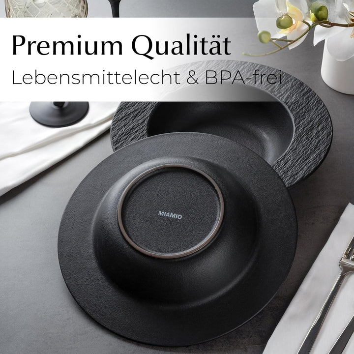 MIAMIO – 26 cm, 4er Pastateller-Set, grosse tiefe Suppenteller, modernes Keramik-Geschirr in schwarz