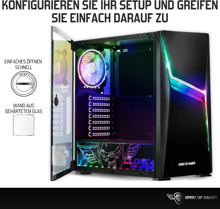 Spirit of Gamer - Clone 4 - PC Gehäuse RGB mit Durchsichtiger Wand Aus Gehärtetem Glas - Erstellen S