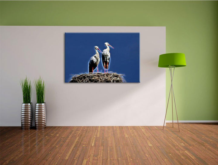zwei stolze Störche im Nest NewArt Format: 100x70 cm auf Leinwand, XXL riesige Bilder fertig gerahmt