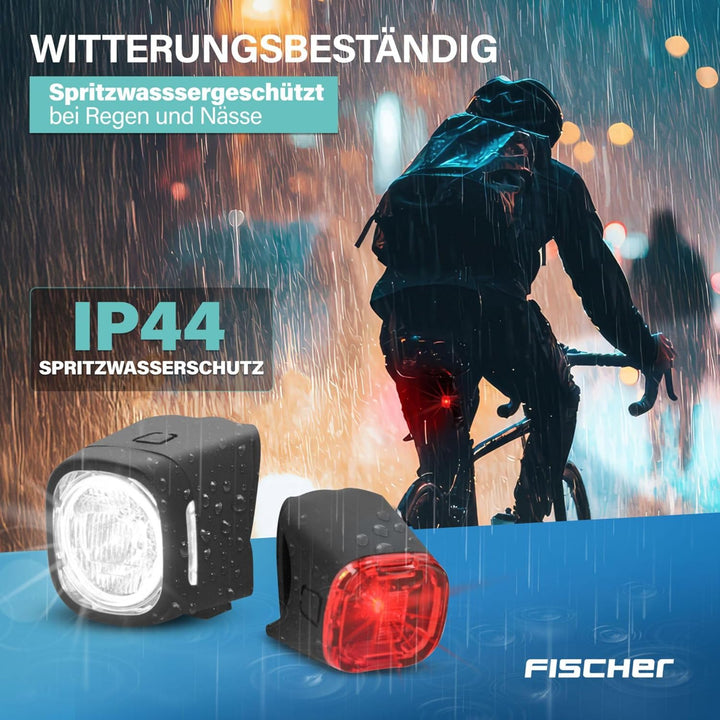 Fischer Fahrrad Beleuchtungsset Square, 40/20 Lux, Front- und Rückleuchte, mit Akku, USB-Ladefunktio